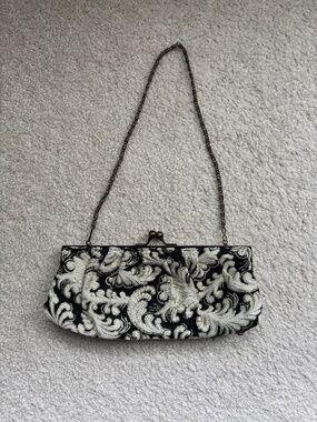 Vintage Black Ivory Brocade Evening Bag Kiss Lock Chain Strap Clutch Purse
